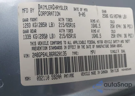 2006 Chrysler Town & Country Limited из США, поврежденный, VIN 2A8GP64L86R620135